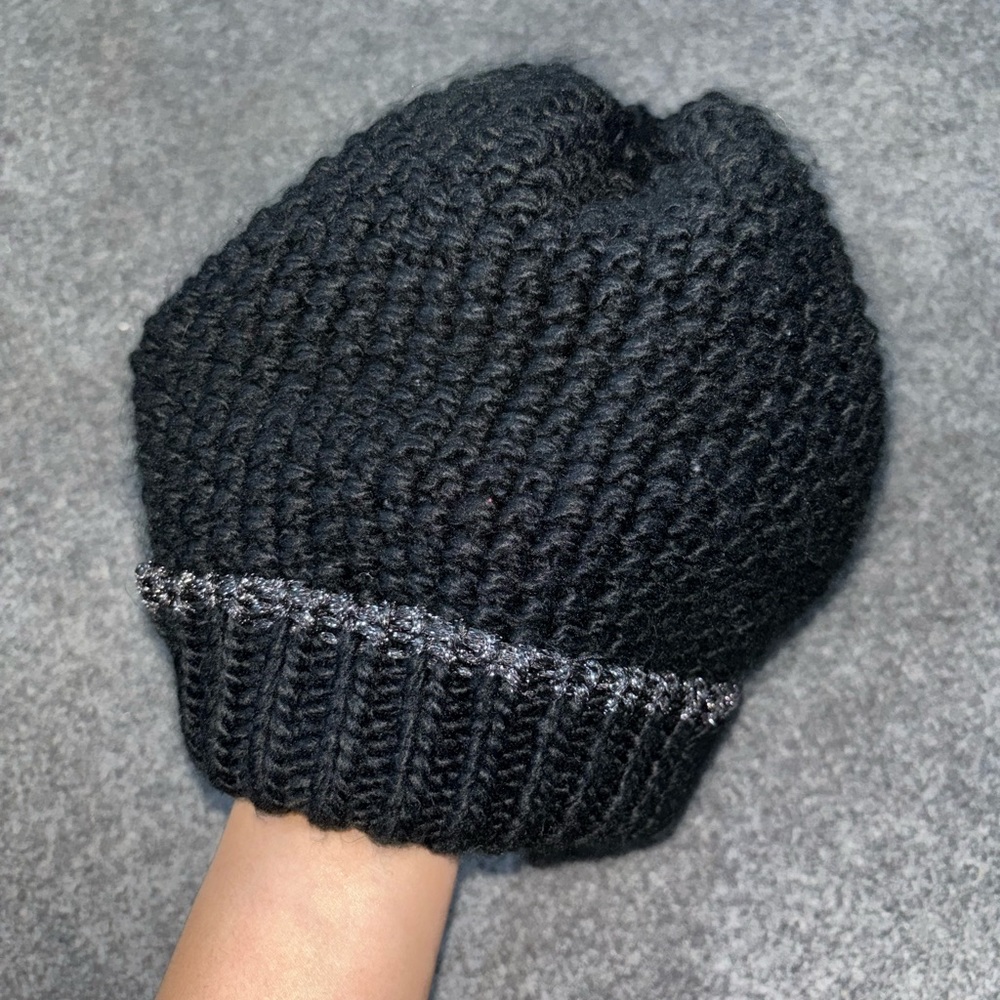 Black Knit Beanie with Silver Trim